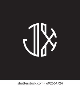 Initial letter JX, minimalist line art monogram circle shape logo, white color on black background