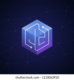 Initial letter JZ, block chain, looping mono line circuit letter on hexagon cube logo, blue magenta gradient color on black blue network background
