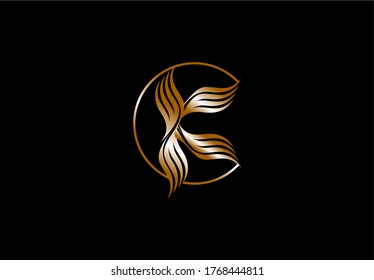 Initial Letter K Abstract Linked Circle Shape Swoosh Style Wing Logo Gold Color
