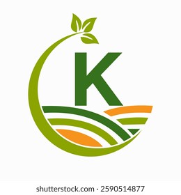 Initial Letter K Agriculture And Farming Logo Combine With Field and Leaf Symbol