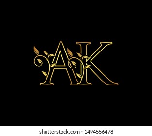 Letra inicial A y K, AK, icono del logotipo Gold,  
ícono elegante de logotipo en monograma dorado adecuado para boutique, restaurante, servicio de boda, hotel o identidad de negocios. 