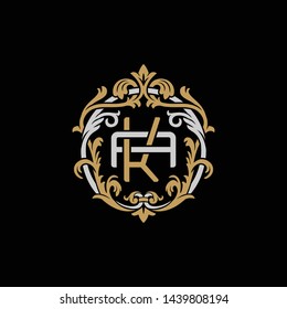 Initial letter A and K, AK, KA, decorative ornament emblem badge, overlapping monogram logo, elegant luxury silver gold color on black background