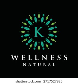 Letra inicial K alfabeto bienestar, verde, hojas, natural, salud, orgánico, diseño de logotipo, hoja circular naturaleza icono gráfico Vector Plantilla