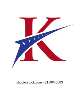 Initial Letter K American Logo for Business, Corporate and Company Sign. USA, American Logo on Letter K Vector Template Star Concept