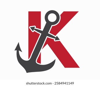 Initial Letter K Anchor Logo Design Concept For Boat, Ship, Yacht, Nautical Transport Symbol