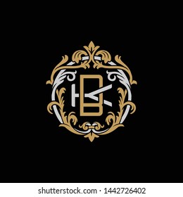 Initial letter K and B, KB, BK, decorative ornament emblem badge, overlapping monogram logo, elegant luxury silver gold color on black background