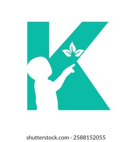 Initial Letter K Baby and Eco Leaf Symbol For Kinds Logo Design