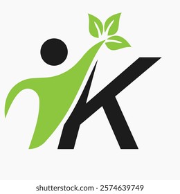 Initial Letter K Bio or Healthcare Logo Design Concept With Human And Green Leaf Symbol