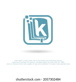 Initial Letter k with Book and Pixel Icon for Digital Book, e-book, e-learning, Education, technology, Literature apps, Bookstore, Publishing Company Logo Idea