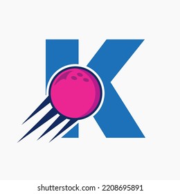 Initial Letter K Bowling Logo Concept With Moving Bowling Ball Icon. Bowling Sports Logotype Symbol Vector Template