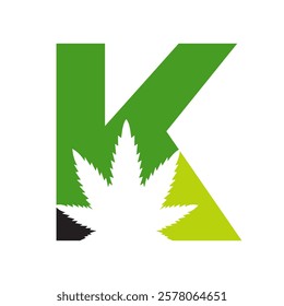 Initial Letter K Cannabis Logo Design Concept With Medical Marijuana Leaf Symbol