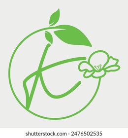 Letra inicial K círculo de hojas y flores logo diseño. Fuente de letra del alfabeto floral simple y elegante. Ilustración vectorial.
