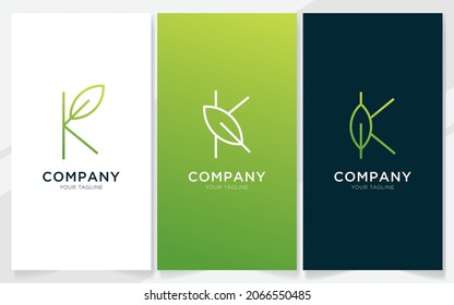 Initial letter K combination with leaf elements logo design, vector illustration set