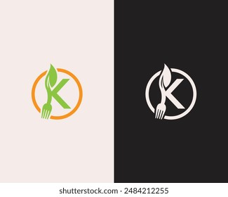 Initial letter K combine with fork neutral food logo design vector template.