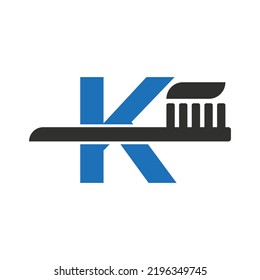 Initial Letter K Dental Logo Combine With Tooth Brush Symbol Template