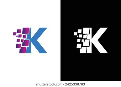 Initial Letter K digital pixel logo design template element. Letter K Pixel logo, Triangle, Blue color, Technology and digital logotype.