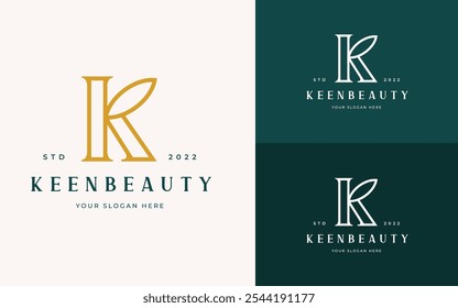 Letra inicial K elegante com inspiração de logotipo de símbolo de ícone de folha. Letra inicial elegante K vetor de logotipo elegante. Símbolo do logotipo da letra Premium K Gold. Ilustração de logotipo de vetor de alfabeto