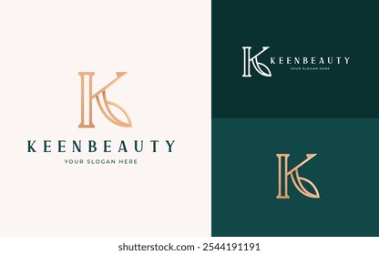 Initial Letter K Elegant with Leaf Icon Symbol Logo Inspiration. Stylish Initial Letter K Elegant Logo Vector. Premium Letter K Gold Logo Symbol. Alphabet Vector Logo Illustration