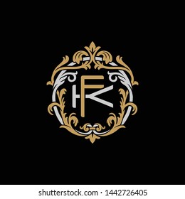 Initial letter K and F, KF, FK, decorative ornament emblem badge, overlapping monogram logo, elegant luxury silver gold color on black background