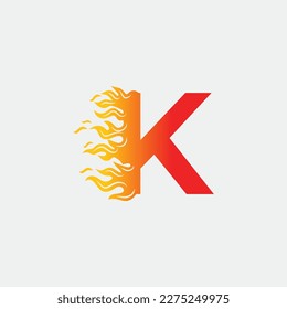 Initial letter K and fire shape with ribbon logo style in gradient color. K letter logo, fire flames logo design.
