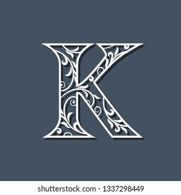 Initial Letter K. Floral Monogram Template. Filigree Logo. Floral Pattern. Elegant Emblem. Decorative Font. Graceful style. Calligraphic Luxury Design. Beauty Ornament. Vector Illustration