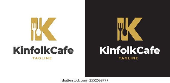 Initial Letter K with Fork and Spoon Icon Logo Inspiration. Spoon and Fork with Letter K Logo for Restaurant, Catering, Cafe, and Food Service Branding. Alphabet Restaurant Vector Logo Illustration.