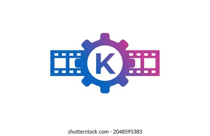 Initial Letter K Gear Cog Wheel with Reel Stripes Filmstrip for Film Movie Cinema Production Studio Logo Inspiration
