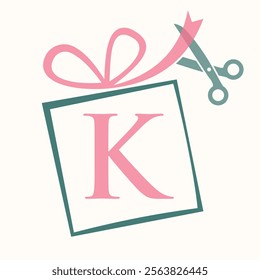 Initial Letter K Gift Box Logo Design Concept With Ribbon and Scissors Symbol For Weeding and Birthday Gift Sign