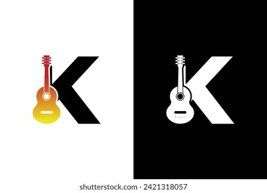 Initial Letter K with Guitar logo design. Music company with K letter guitar logo design template for brand or company and other.