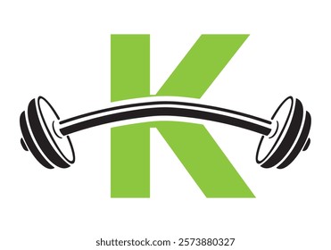 Initial Letter K Gym Logo Design Concept With Straight and Curved Barbell Symbol. Fitness Sign, Bodybuilding, Workout Vector