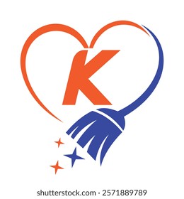 Initial Letter K House Clean Logo Concept With Cleaning Brush and Heart Symbol. Broom Sign