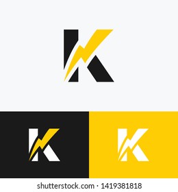 initial letter K icon logo design template with lightning - thunder - bolt - electric - vector