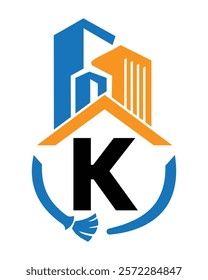 Initial Letter K Industrial Cleaning Logo Concept With Cleaning Brush and Building Symbol. Broom Sign