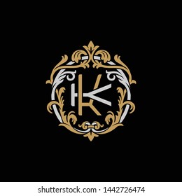 Initial letter K and K, KK, decorative ornament emblem badge, overlapping monogram logo, elegant luxury silver gold color on black background