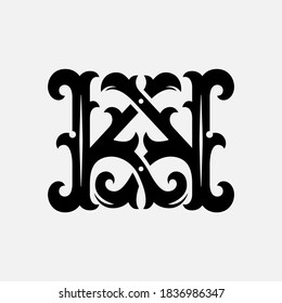 Initial letter K or KK overlapping, interlock, monogram logo, black color on white background