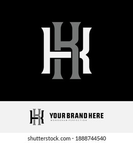 Initial letter K or KK overlapping, interlock, monogram logo, white and gray color on black background