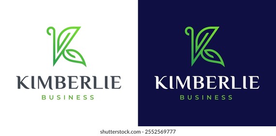 Initial Letter K with Leaf Icon Symbol Logo Design. Green Leaf Symbol on Letter K Line Logo Design Inspiration. Green and Natural Branding for Eco Business Identity. Alphabet Vector Logo Illustration.