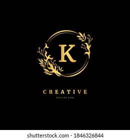 Initial letter K with leaf logo vector concept element, letter K logo with floral ornament