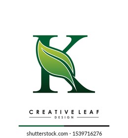 Initial Letter K With Leaf Luxury Logo. Green leaf logo Template vector Design. 