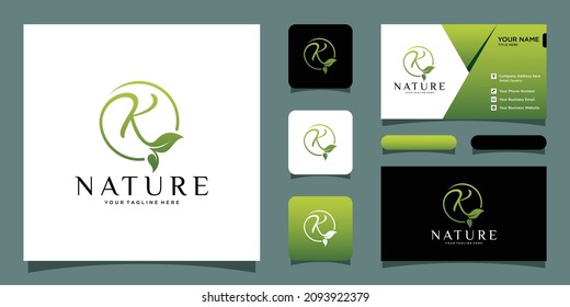 Initial letter K with leaf luxury logo. green leaf logo with business card design template