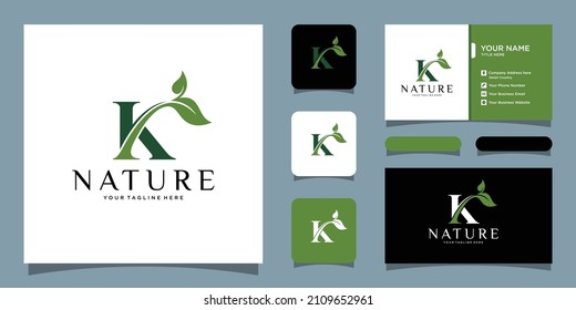Initial Letter K With Leaf Luxury Logo. Green leaf logo with business card design template