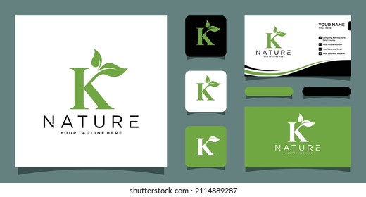 Initial letter K with leaf luxury logo. green leaf logo with business card design