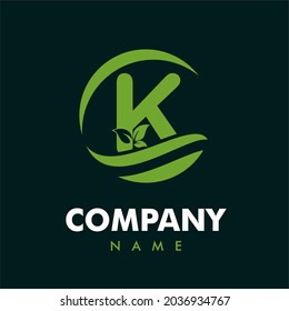 Initial Letter K with Leaves for Green Nature, Environment, Eco Friendly, Agriculture, Gardening, Lawn Service Company Logo Design Concept