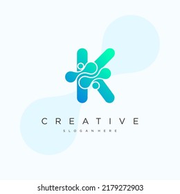 Initial Letter K Logo art. Blue Gradient Linear Rounded Style with Connected Liquid Dots . Usable for Business Science and Technology Logos. Flat Vector Logo Design Template Element.