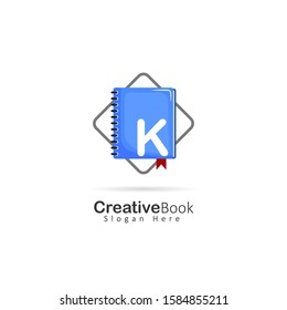 Initial letter K logo with book element, design vector illustration book store logo, book shop symbol template