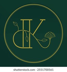 Initial letter K logo decorated with ornamental plants, elegant minimalist, 100% editable vector EPS.