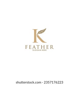 Logo de la letra inicial K con oro Feather Luxury, plantilla de logotipo de pluma inicial