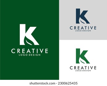 Initial Letter K Logo with Green Leaf vector on three color variations . Usable for Branding and Nature Logos. Flat Vector Logo Design Template Element