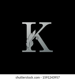 Initial  Letter K Logo Icon Luxury Feather. Monogram silver design concept  luxury feather element and letter logo icon for corporate, lawyer, notary, firm and more brand identity.