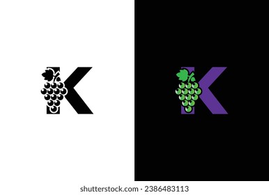 Initial letter K logo. Modern and simple letter K for the Grape symbol logo design with green leaves.